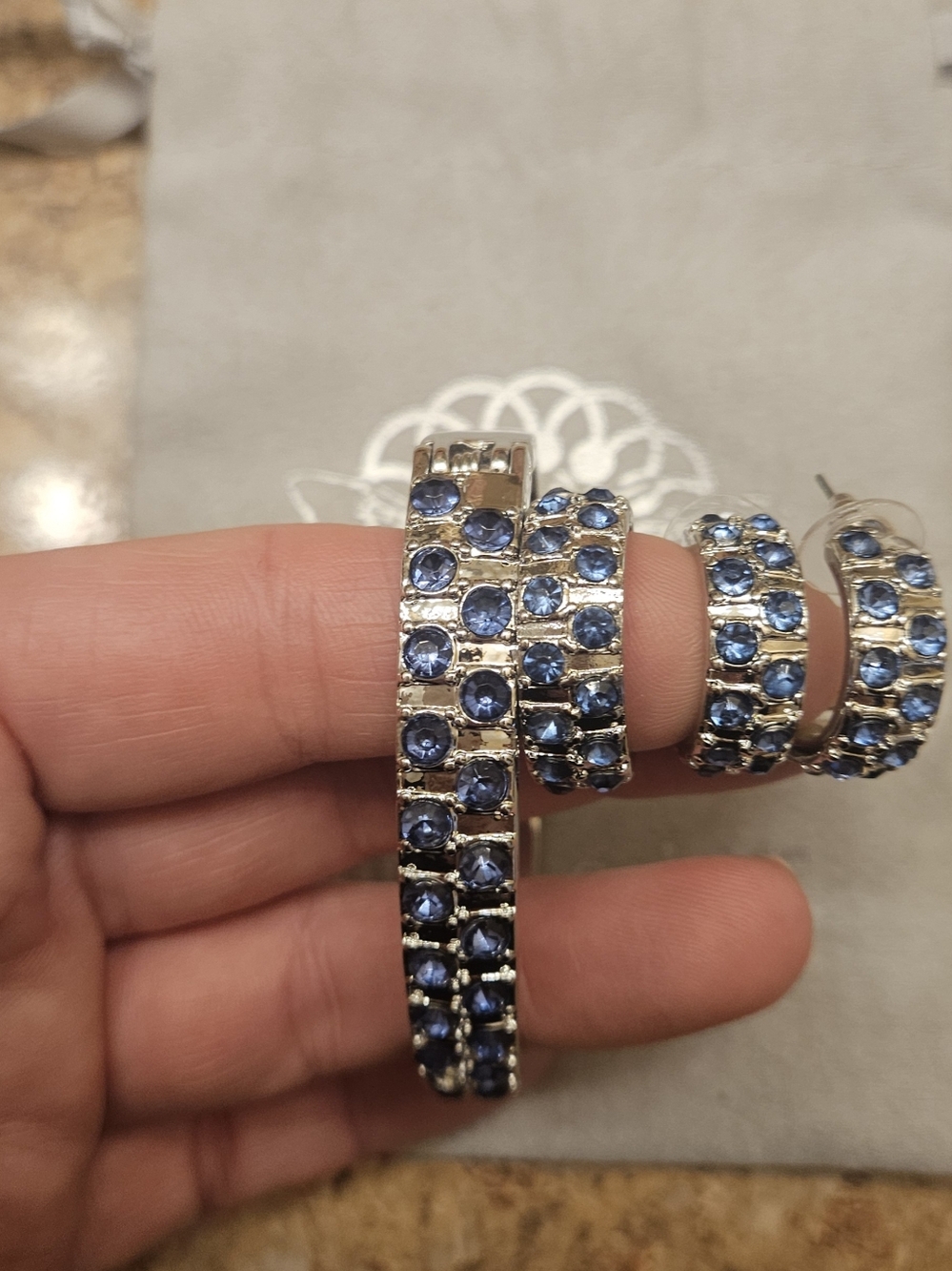 Marlyn Schiff Blue Crystal Hoop Bracelet and Earring Set
